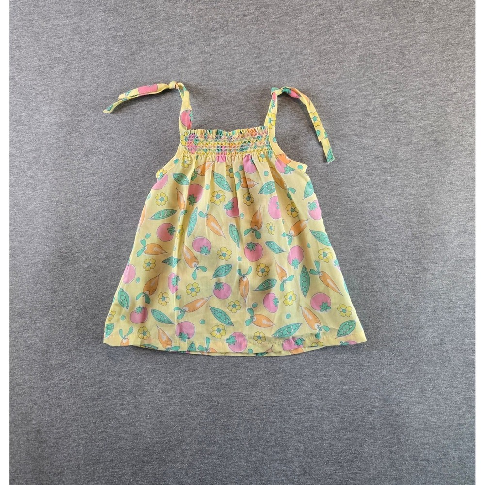 Vintage Alphabet Dress Girls 6 Months Yellow 70s Vegetable Print Smocked France